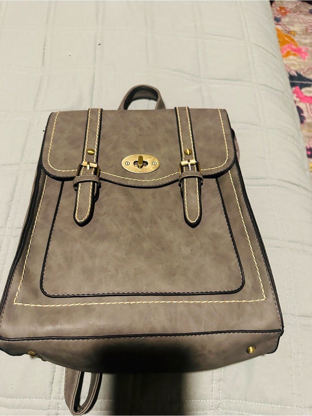 Grey Faux Leather Backpack with Gold Hardware